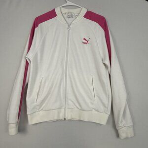 Puma T7 Track Jacket Womens Medium‎ White Pink Zip Up Retro Stripe Athletic Logo